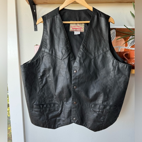 Vintage Jackets & Blazers - Vintage Permit Platinum Black Leather Western Style Vest Size XL